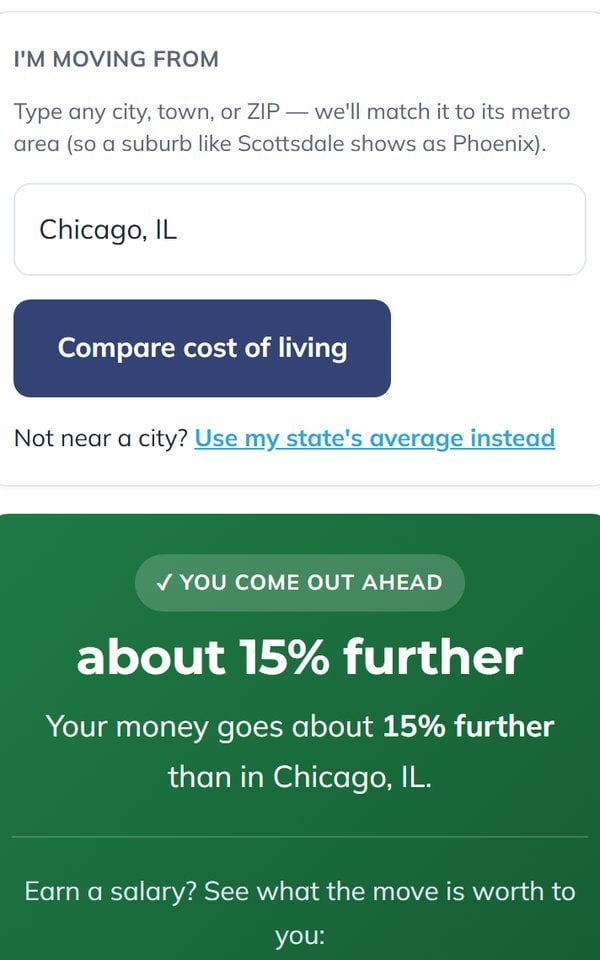 Cost-of-Living Adjuster — your money goes about 15% further than in Chicago