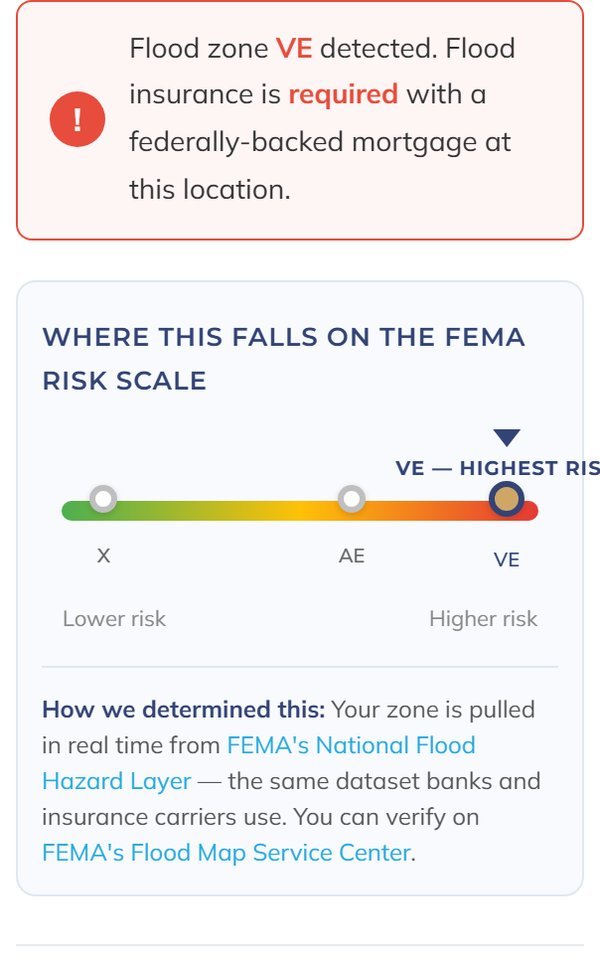Flood Insurance Calculator — flood zone VE detected on the FEMA risk scale