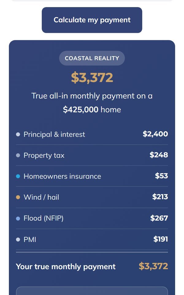Gulf Coast House Payment Calculator — true all-in monthly payment breakdown