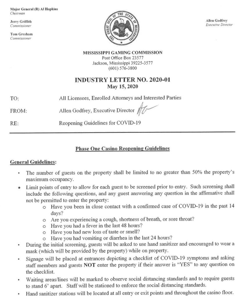 Mississippi Gaming Commission Industry Letter 2020-01, casino reopening guidelines, May 15, 2020