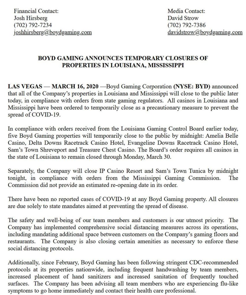 Boyd Gaming SEC filing, March 16, 2020, announcing temporary casino closures in Mississippi on the Gaming Commission's order