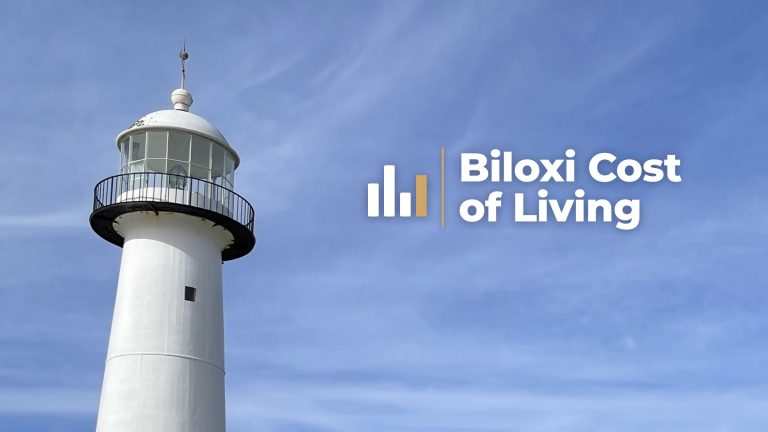 The top of the Biloxi Lighthouse against a blue sky, with the words Biloxi Cost of Living.