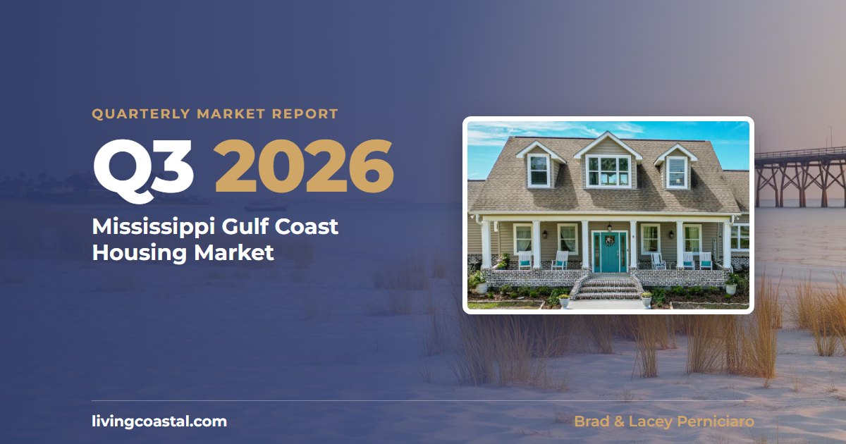 Q3 2026 quarterly market report for the Mississippi Gulf Coast housing market, with a raised home in Waveland, Mississippi